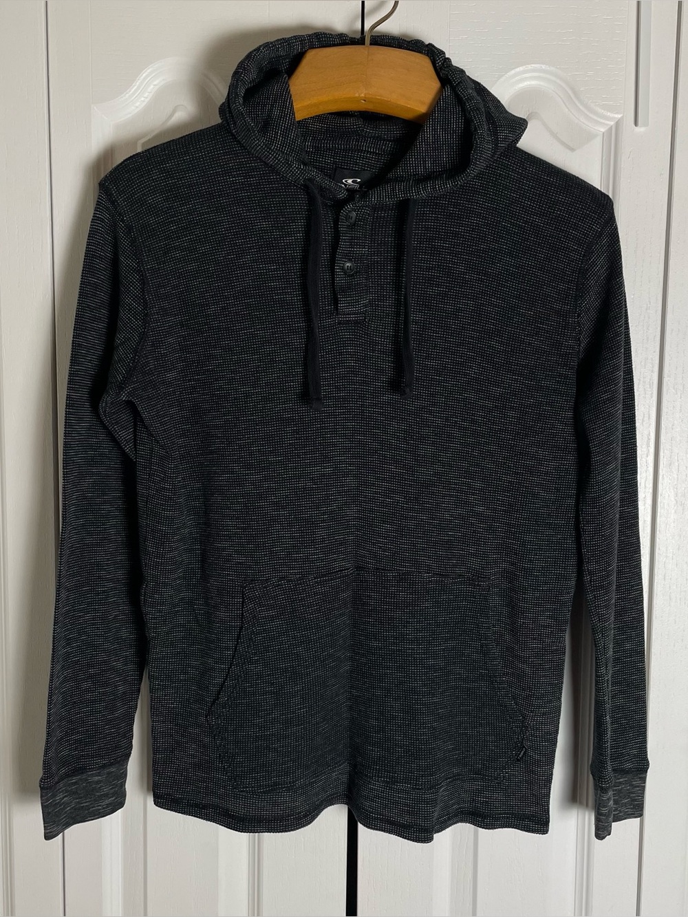 O'Neill Hoodie Shirt Men’s M Black Thermal Waffle Knit Pullover Kangaroo Pocket - Picture 1 of 11